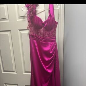 Fuchsia pink one shoulder gown